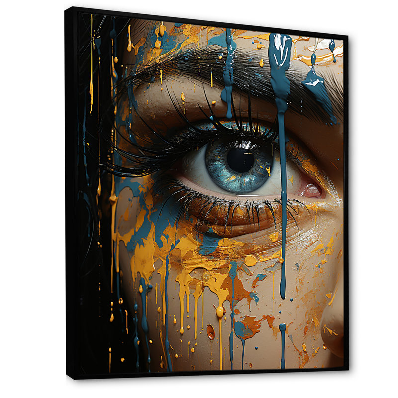 «Yellow and Blue Woman Eye Expressionism II - Eye», art mural, Cadre flottant noir, H 44 po x l 34 po x P 1,5 po