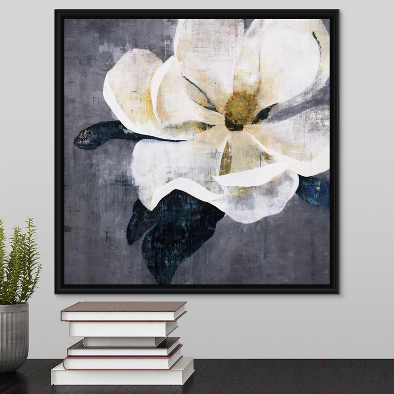 « patined magnolia », peinture sur toile, Cadre flottant noir, H 17,7 po x l 17,7 po x p 1,75 po