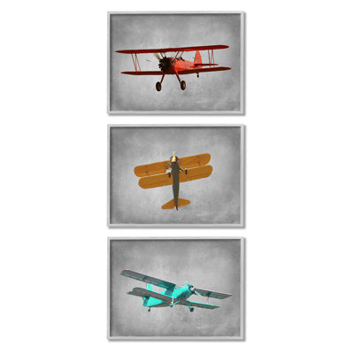 A3-060-avions rétro au vol rouge jaune-bleu par Ashley Calhoun-ensemble de 3 impressions