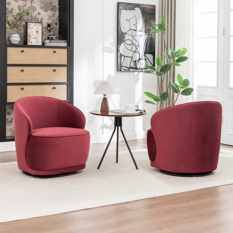 Fauteuil demi-tonneau pivotant en velours Stith, Velours rouge