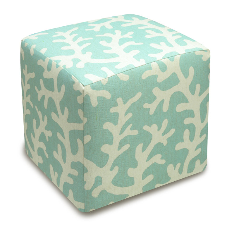 Jacobean Floral Aqua Linen Upholstered Cube Ottoman