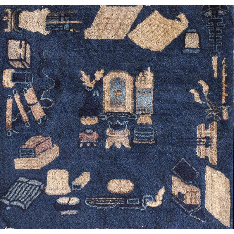 Rectangle Small Scatter Size Wool 1900s Chinese - Peking Knotted Blue Antique Rug