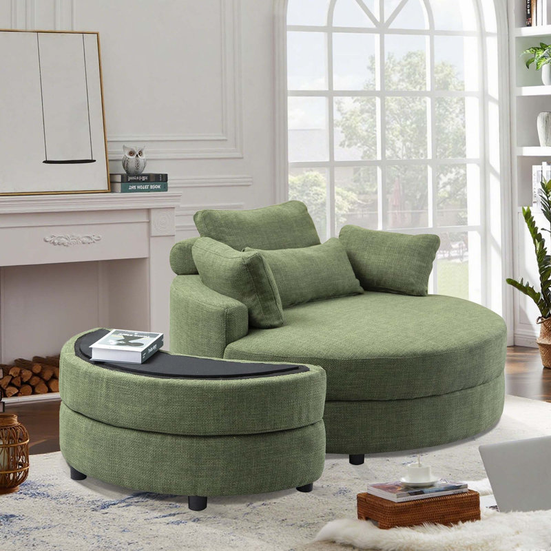 51.2-inch Round Sofa Made Of Linen Fabric, Paired With A Half-moon-shaped Storage Footrest - A Modern And Stylish Seating Design Suitable For Both Living Room And Bedroom, Featuring Both Practicality And Space-saving Features.
