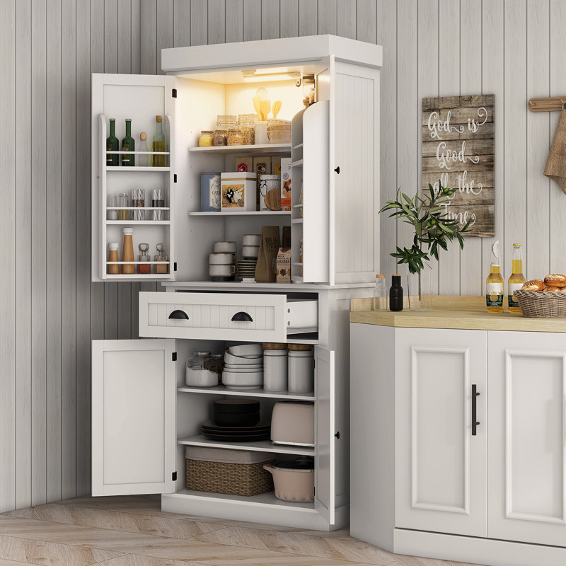 Armoire de cuisine 72 po, grande armoire de rangement autoportante, armoire de cuisine traditionnelle avec 4 portes, tiroir et 3 tablettes réglables 