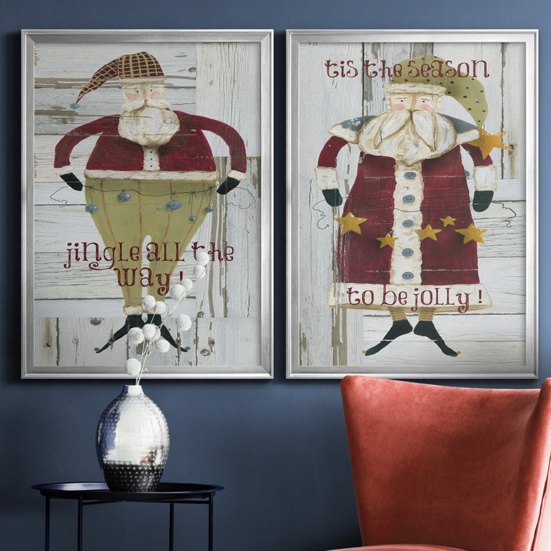 Jingle Santa - ensemble de 2 reproductions, Pas de tapis, Toile encadrée argentée, H 18,5 po x l 49 po x P 1,5 po