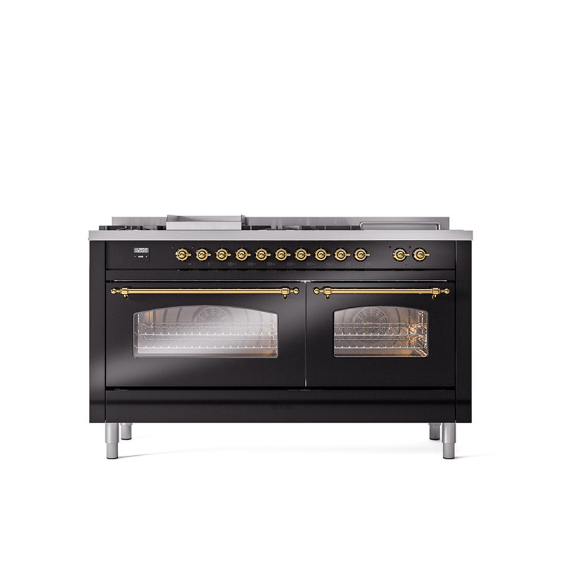 ILVE Nostalgie II 60 Dual Fuel Range, 5 Burners, Griddle, Frenchtop , Liquid Propane, Glossy Black/Brass