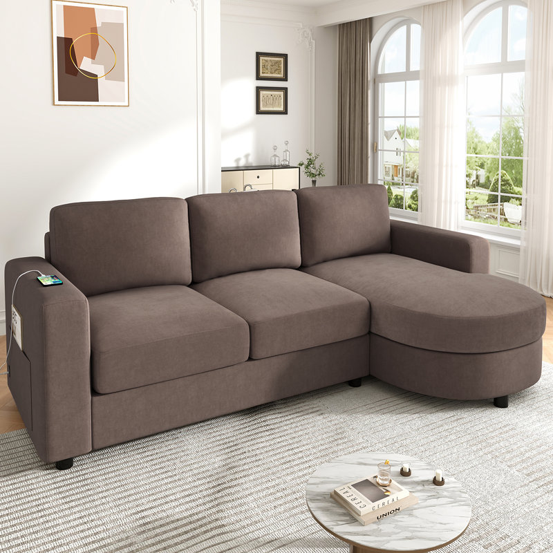 Canapé modulaire moderne en L de 84,6 po avec méridienne incurvée, Chenille brun