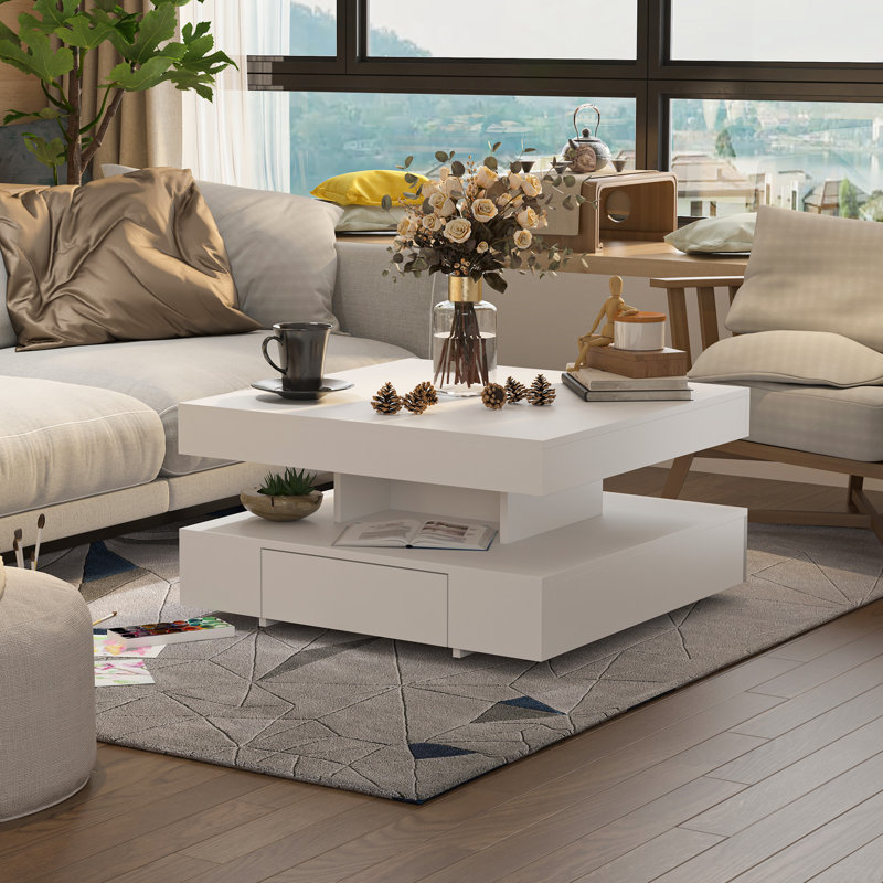 Modern Coffee Table with Drawer Storage – Unique Square Design for Living Room, White