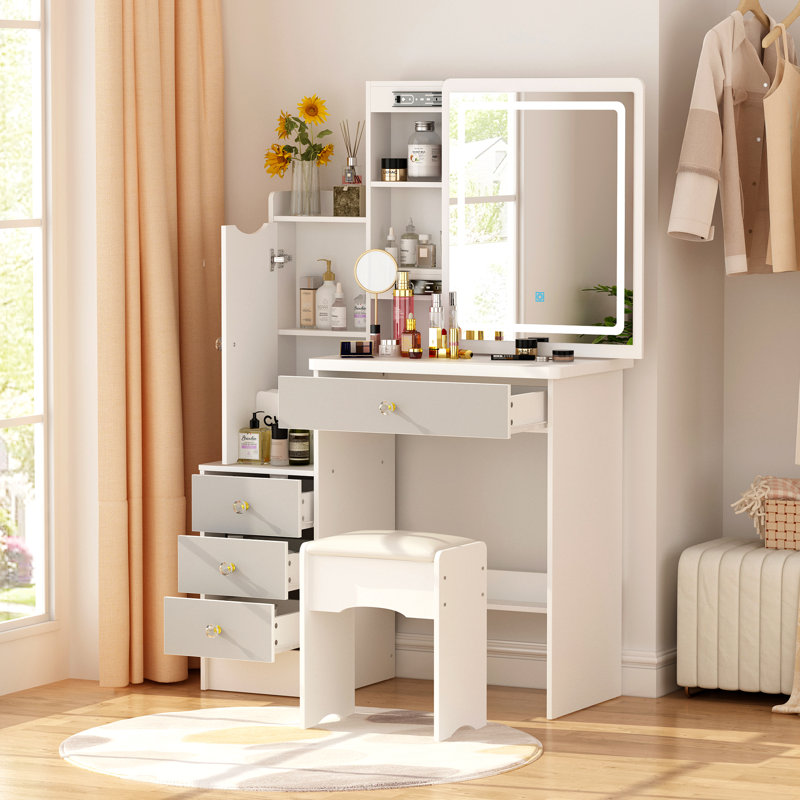 Ensemble de coiffeuse avec tabouret et miroir, Blanc / Gris