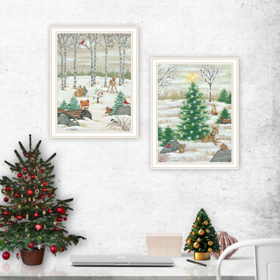 Art mural encadré blanc pour salon, chambre à coucher 2 pièces à la mode 4U «Critter For Christmas» par Lisa Kennedy