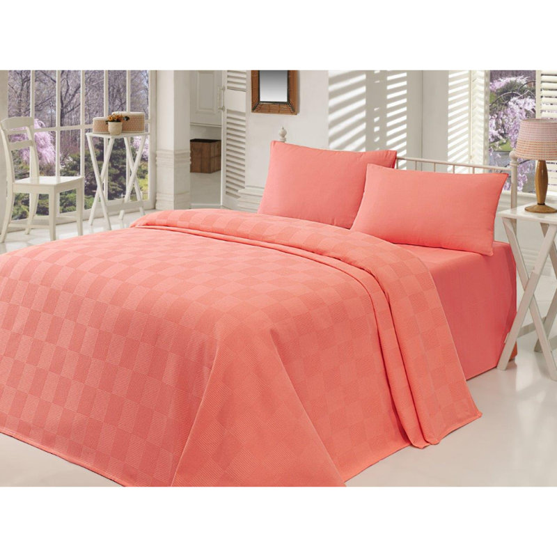 Couvre-lit / couvre-lit 100% coton Angalena Kare, Corail, Couvre-lit 94 po x 87 po