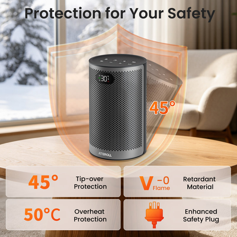 Ateroll 1500W compact ceramic fan heater with remote, ECO mode and 8-hour timer