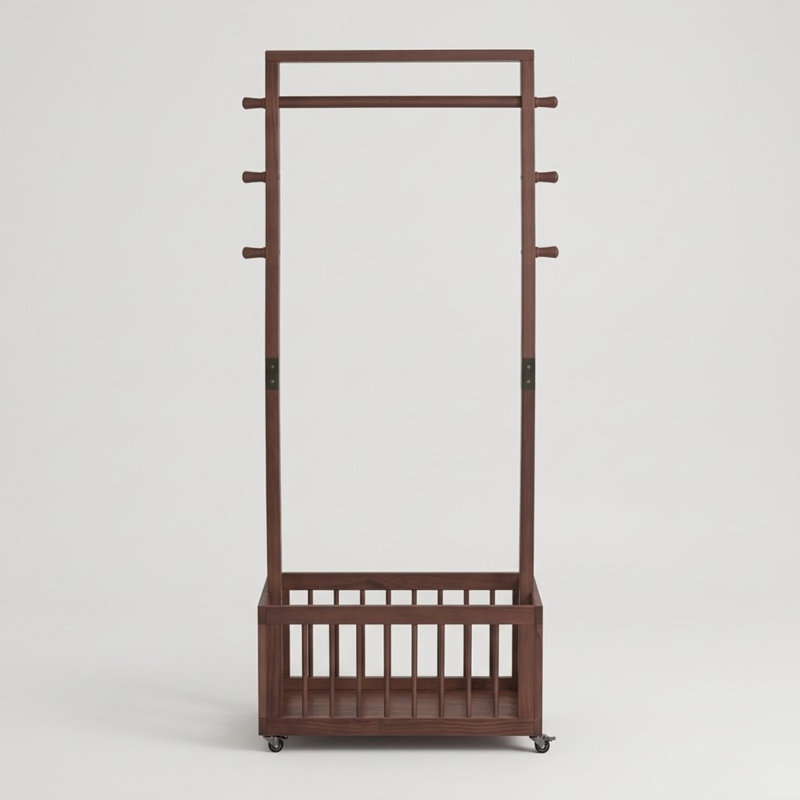 71" Solid Wood Clothing Rack with Storage Shelf and Hooks