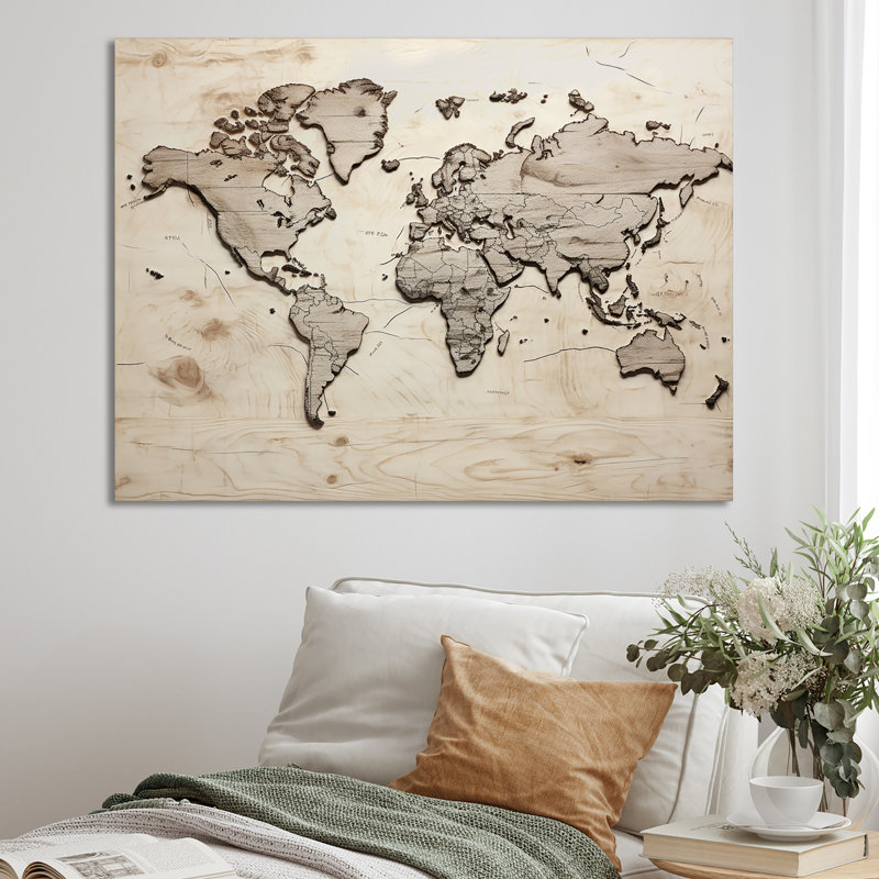Carte du monde rustique sur toile, H 30 po x l 40 po x P 1,5 po, Toile tendue