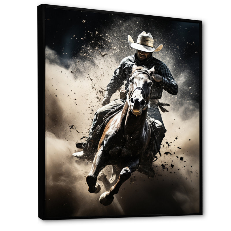 Western Western Rodeo Spirit - Art mural occidental, Cadre flottant noir, H 32 po x l 16 po x P 1 po