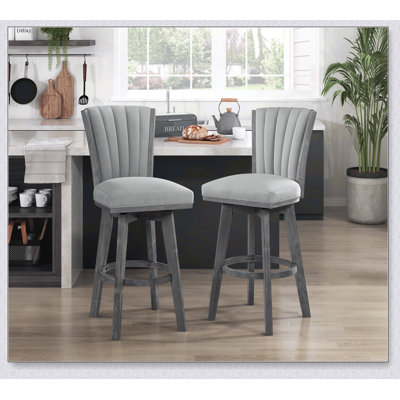 Ensemble de 2 chaises à hauteur grise avec siège pivotant et tissu capitonné revêtu de bois massif de style gris