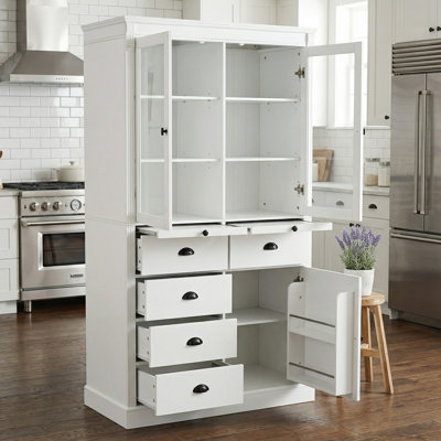 Armoire de cuisine autoportante 72 po H avec portes en verre et plateaux de service coulissants de 40 po de largeur
