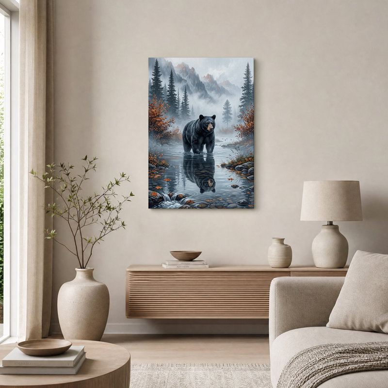 Reflet d'un ours noir dans un ruisseau de montagne brumeux - Tableau sur toile, H 36 po x l 24 po