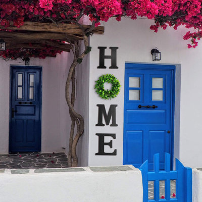 HOME Wood Letters With Artificial Flower Wreath Wall Front Door Decor, Wooden Decorative Sign Modern Farmhouse Decor Flower Garland Decoration Hanging
