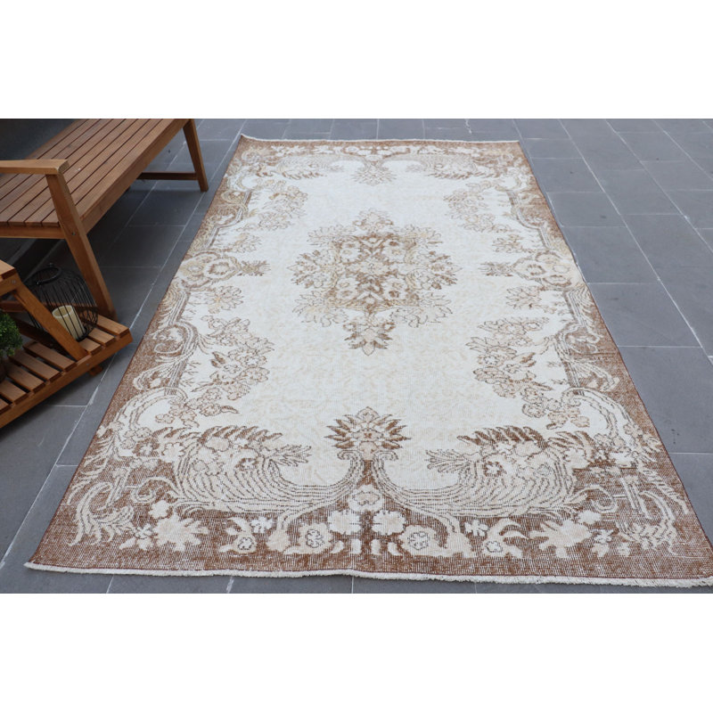 Grand tapis turc Oushak tissé à la main idéal pour la chambre à coucher ou la salle à manger en blanc rétro