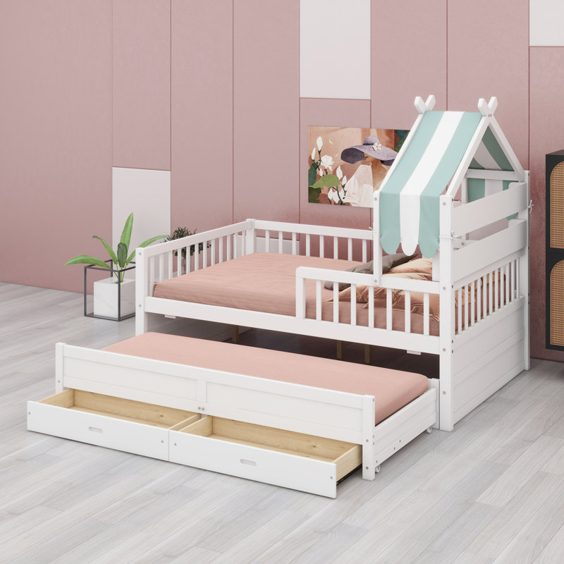 Lit escamotable Imaginative avec lit gigogne intégré et détails en tissu confortable, Blanc