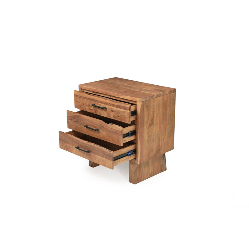 Table de chevet en bois massif à 3 tiroirs Frausto, Natural