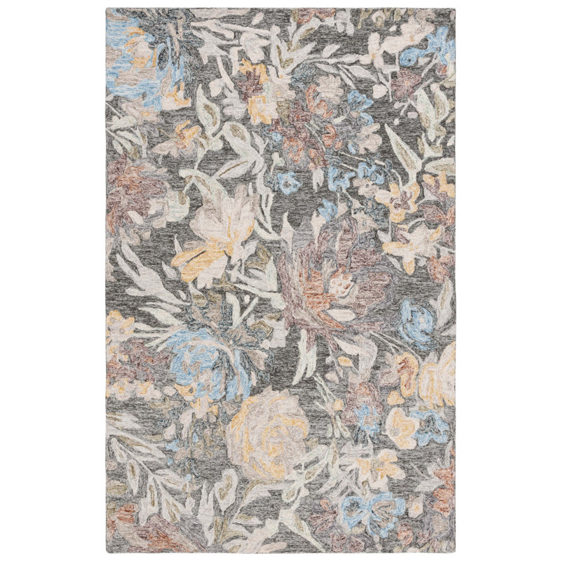 Caden Tufted Wool/Cotton Performance Floral Rug in Charcoal/Green, Rectangle 6' x 9'
