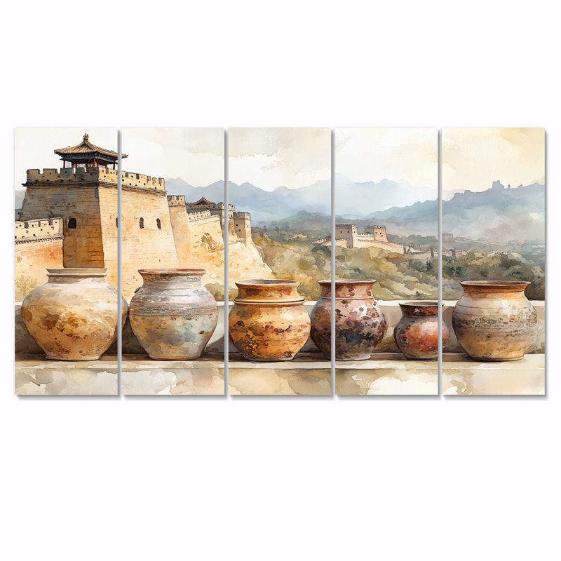 «Great Wall China Pottery» dans des tons de beige et de gris - ensemble d'art mural sur toile Boho Pottery, H 28 po x l 60 po