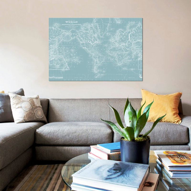 « world map on aqua », impression sur toile, H 18 po x l 26 po x P 1,5 po, Pas de tapis, Toile tendue