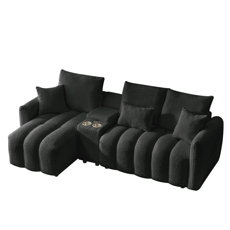 Canapé modulaire 91,7 po en tissu de première qualité, canapé modulaire Cloud avec console, chargeur USB, porte-gobelet, mobilier de rangement intérieur pour le salon, appartement, noir