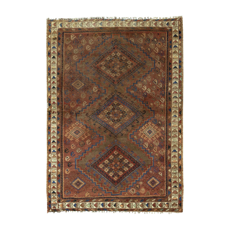 Tapis brun, beige et bleu noué à la main de haute qualité