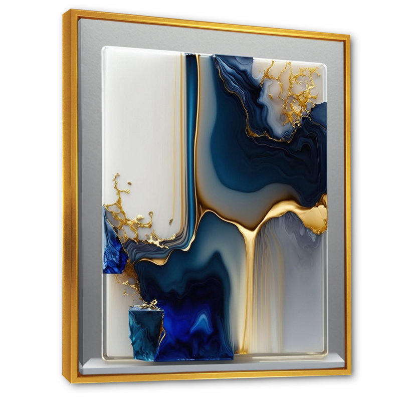 Géode abstraite dorée et bleue, forme I - art mural abstrait en marbre, L 30 po x H 40 po, Toile avec cadre flottant or