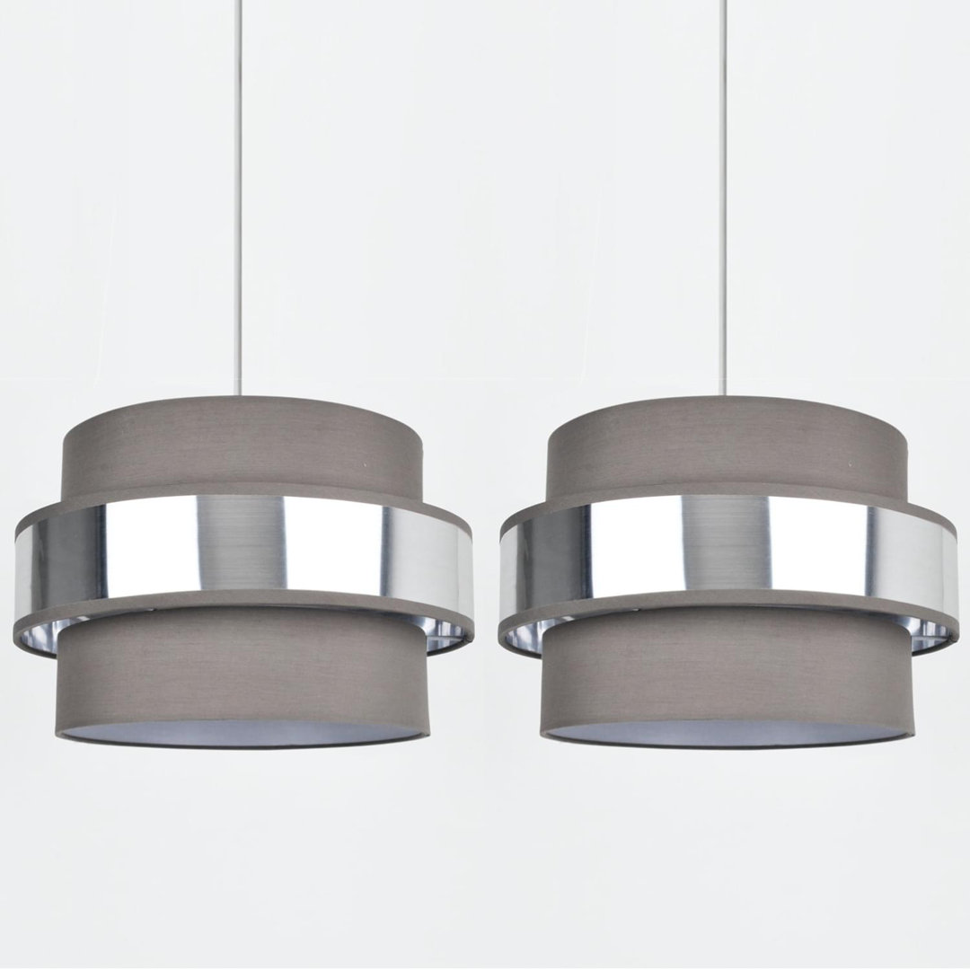 Set Of 2 Easy Fit 2 Tier Grey Fabric & Brushed Copper Plated Banded Ceiling Shade