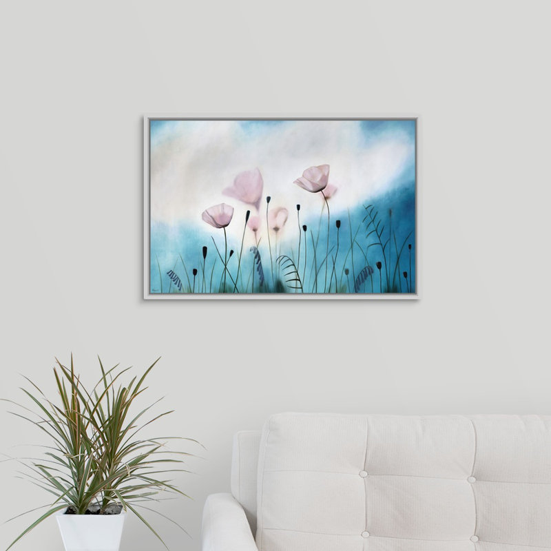 « gossamer prières », peinture sur toile, H 17,7 po x l 25,7 po x p 1,75 po, Cadre flottant blanc
