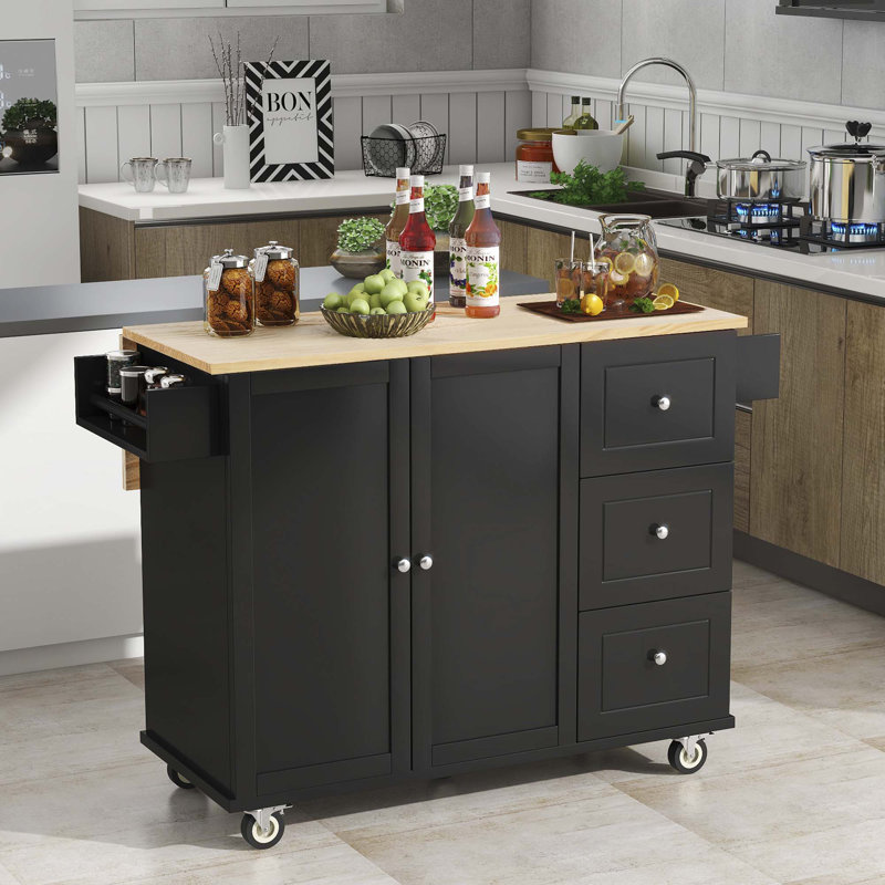 Îlot de cuisine mobile à roulettes avec plateau en bois massif et roulettes verrouillables, bar à feuilles tombantes, porte-épices, porte-serviettes et tiroir