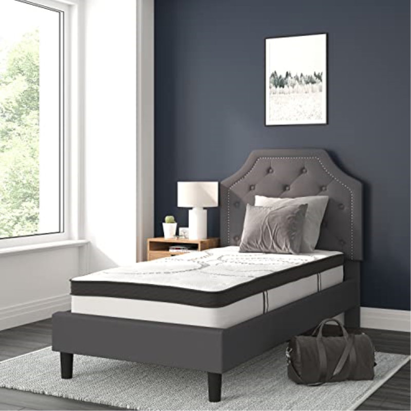 Aluino Tufted Platform Bed with 10 Inch Pocket Spring Mattress, Twin, Dark Gray