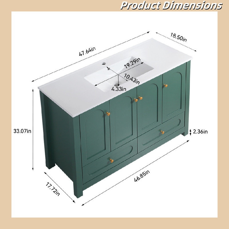 Meuble-lavabo de salle de bain avec lavabo en céramique, 4 portes et 2 tiroirs, Vert