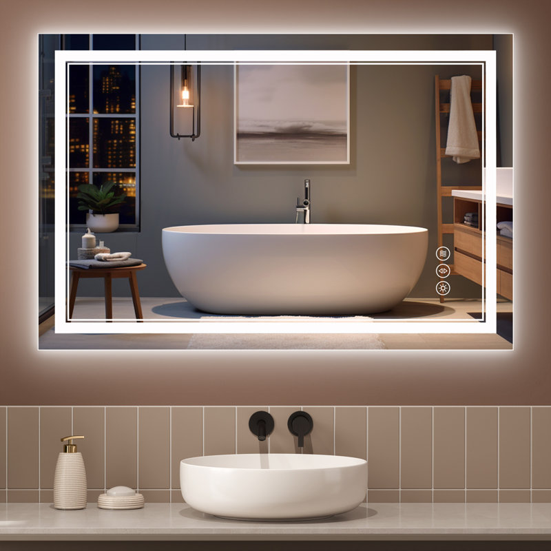 Miroir de salle de bain à DEL avec éclairage: avant et rétroéclairé, verre trempé, 3 couleurs, intensité variable, IRC 90+, désembuage