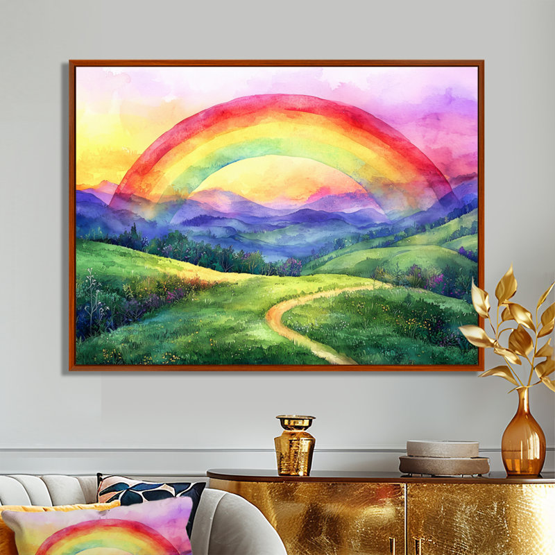 Rainbow Over The Hills In USA - art mural arc-en-ciel, H 12 po x l 20 po, Cadre flottant brun