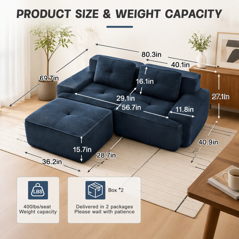 Canapé d'angle modulaire moderne en forme de L de 208 cm (82 pouces), en tissu velours côtelé, assise profonde, pouf amovible, livré monté, design antidérapant