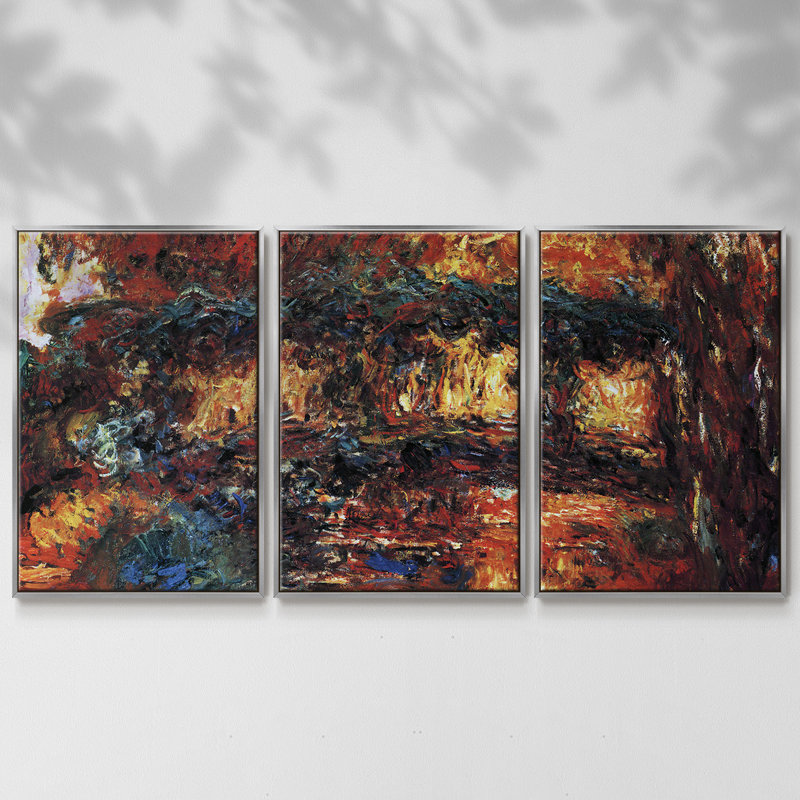 «The Japanese Bridge # 2» par Monet, reproduction sur toile flottante 3 pièces, H 24 po x l 48 po x P 2 po, Argent