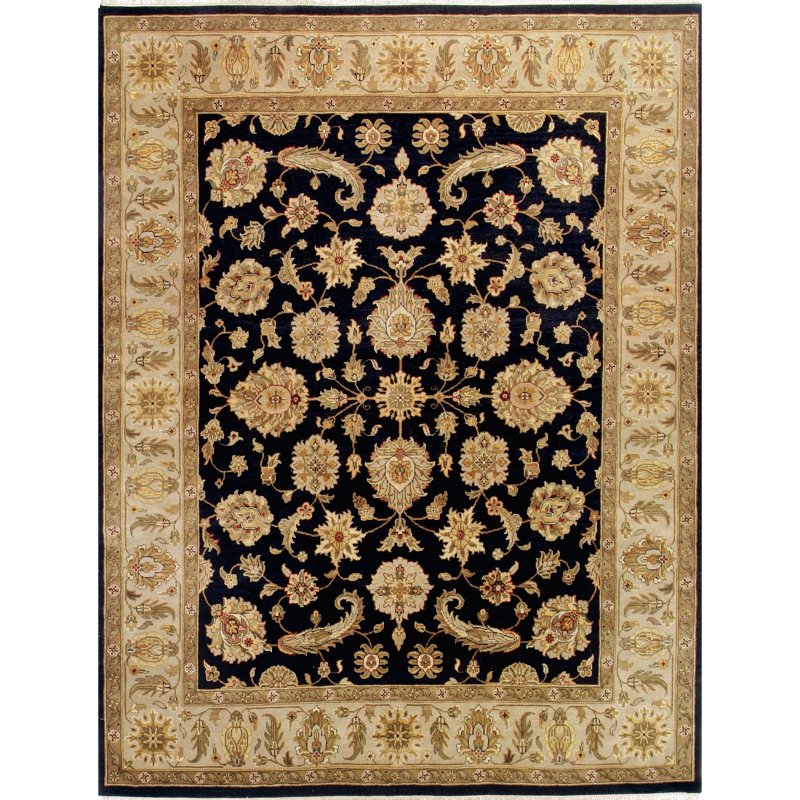Hand Knotted Wool Oriental Area Rug in Black/Gold, Rectangle 12' x 15'
