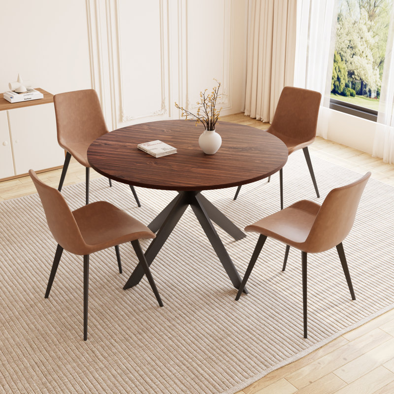 45.67''L Round Dining Table Set, Mid Century Modern Round Kitchen Table, Brown, Brown, 5 Pieces: Table, 4 Chairs