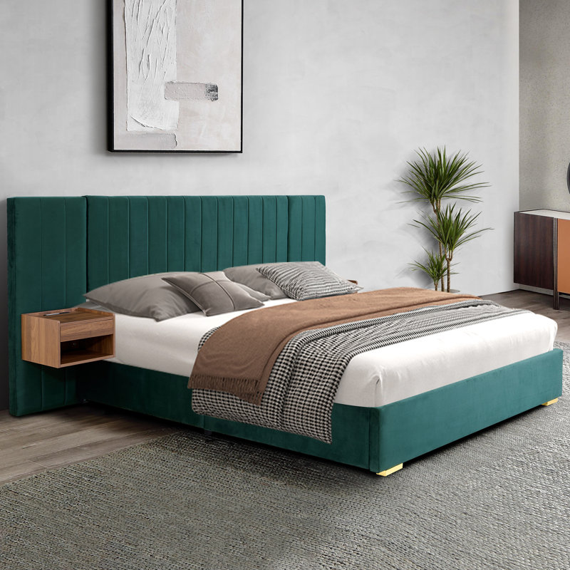Upholstered Size Bed Frame Of Velvet Tufted Headboard With Floating Nightstand LED/USB Built-In,, Dark Green