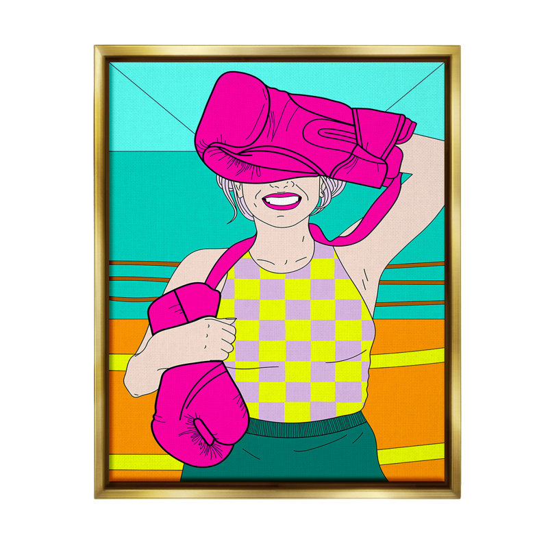«Bold Kickboxing Woman» par Grace Popp sur toile, Cadre flottant métallique doré, H 21 po x l 17 po