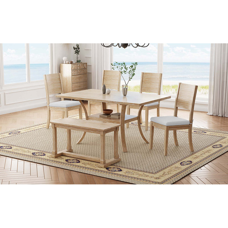 Table de salle à manger 6 pièces avec tablette de rangement, banc et 4 chaises, Naturel, Naturel
