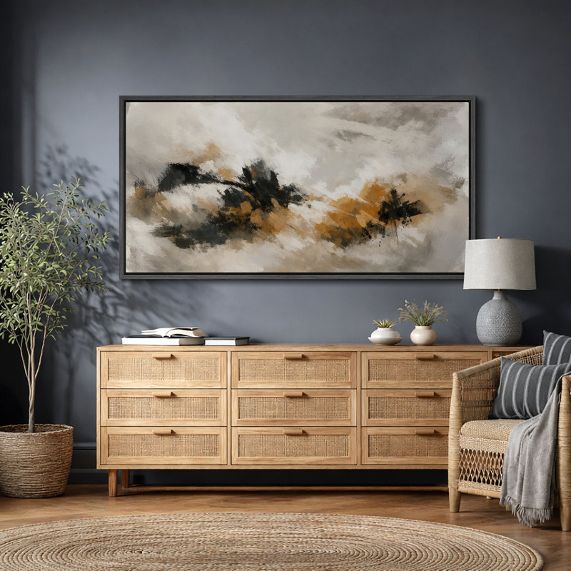 Œuvre abstraite audacieuse neutre avec formes noires et ocre, photos de salon, impression sur toile encadrée