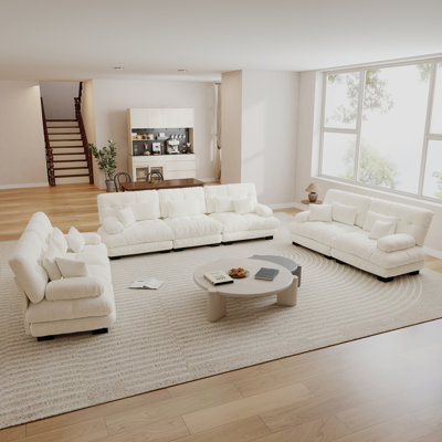 3-Piece Chenille 7-Seat Living Room Set with Deep Cushions, Bolster Arms and Accent Pillows, Ivory Cream