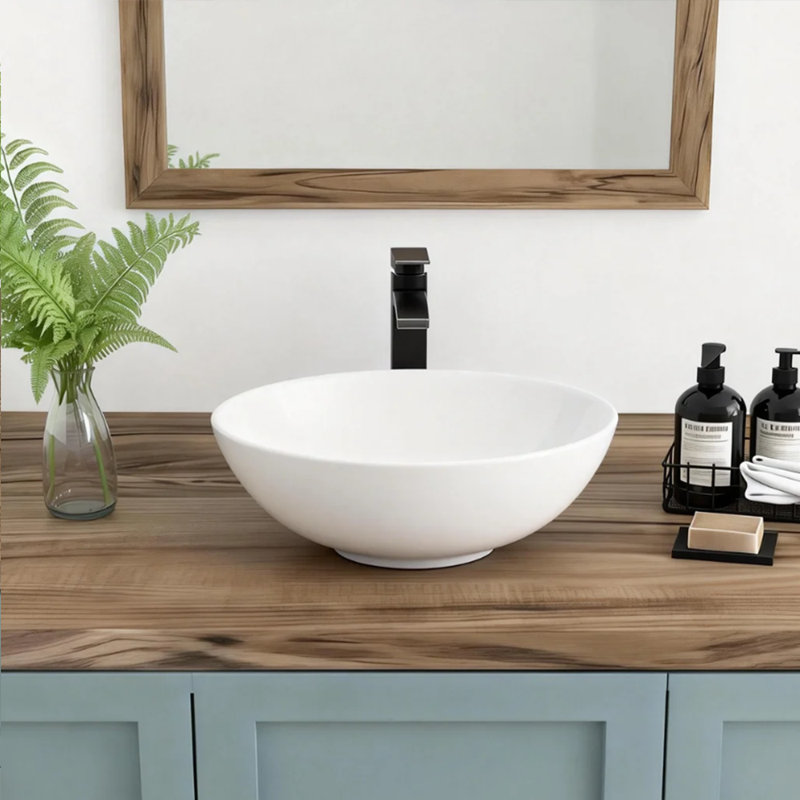 16" L x 16" W Bathroom Vessel Sink White Ceramic Bathroom Sink Circular Above Counter Bathroom Vanity Sink