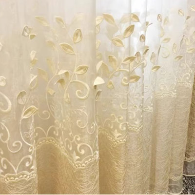 Luxury Tulle Curtains for Living Room Beige Sheer Curtain 3D Leaves Embroidery Yarn Bedroom Gauze Drapes for Window Decoration 2 Panels Grommet top (W40in*L84in 2 Panels)